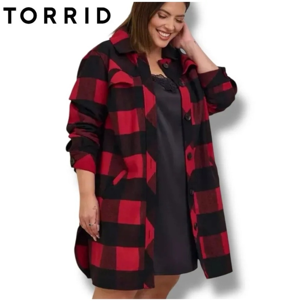 Torrid Shacket Women 3X Red Black Buffalo Plaid Wool Longline Coat Cabin Blanket